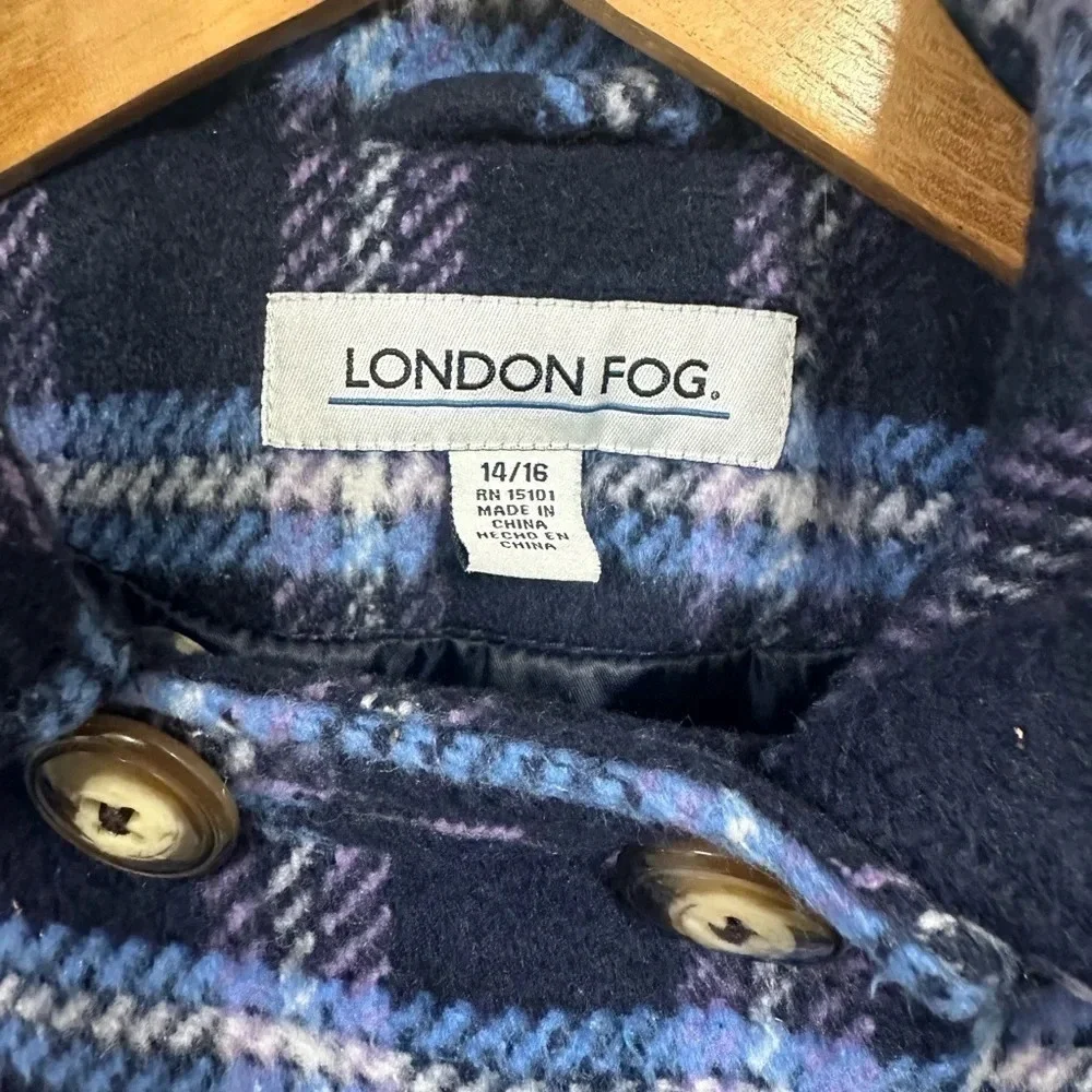 London Fog Girls Plaid Hooded Pea Coat Size 14/16